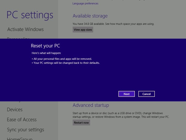 Windows 8 reset