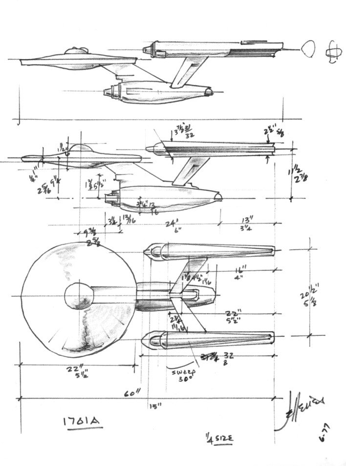 Matthew Jeffries' 1965 sketch of the Enterprise from Star Trek 