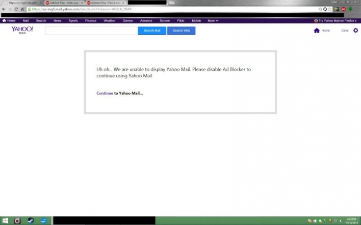 The message some Yahoo Mail users envcountered, uploaded to the Adblock plus forum