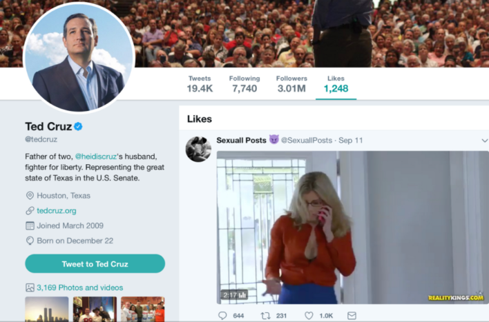 Senator Ted Cruz faces backlash after his Twitter account 'likes' pornography video