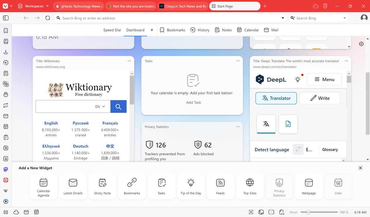 Vivaldi's new tab page gets a Dashboard with widgets