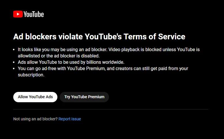 YouTube displays banner to warn that ad blockers violate its Terms of Service