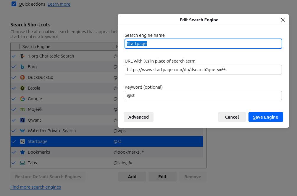 Add Startpage search engine to Waterfox