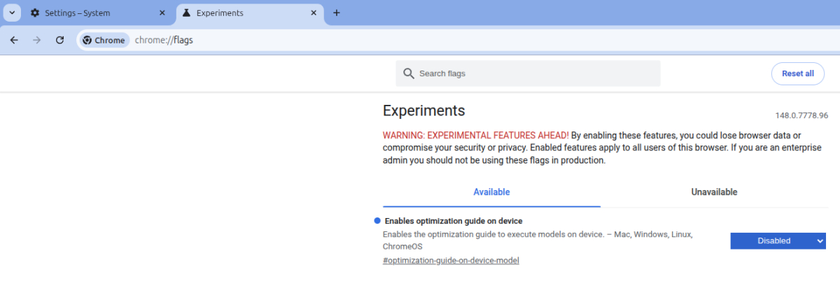 Disable Chrome AI model flags